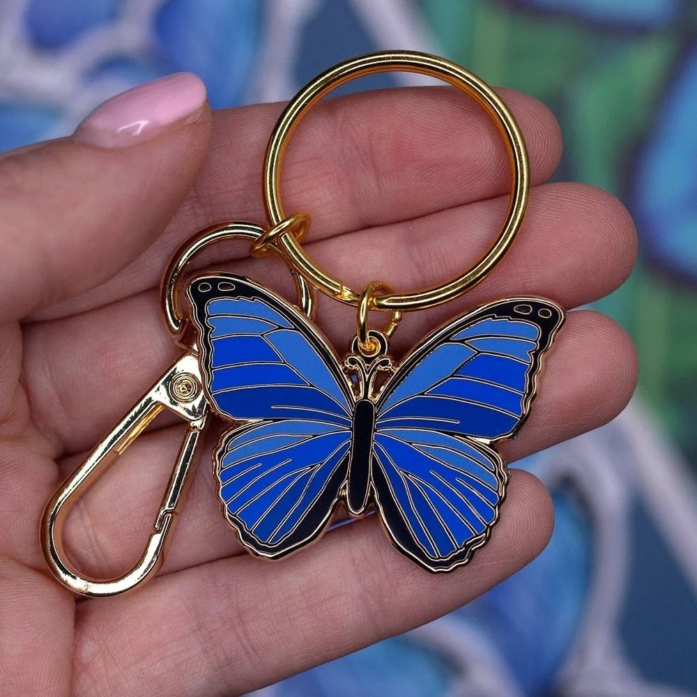 Blue Morpho Butterfly Enamel Keychain with Key Clip - Gold Plated Accessory‎